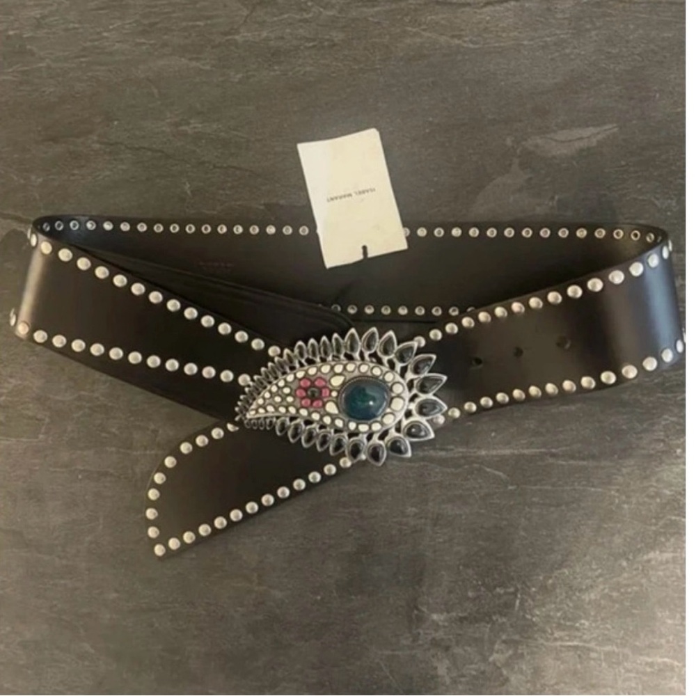 ISABEL MARANT Aliette Black Studded Leather Belt with Stone Accents NEW - 75cm - Picture 4 of 9